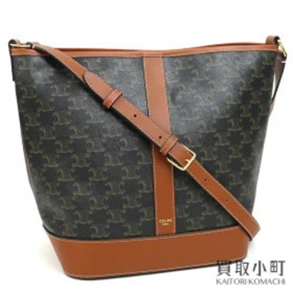 Celine Bucket Bag Triomphe Canvas Crossbody Carry Shoulder Calfskin Tan